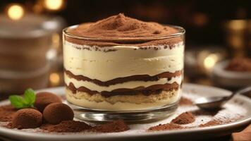 A close-up shot of a freshly prepared tiramisu, focusing on the layers of coffee-soaked ladyfingers AI Generative photo