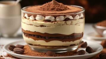 A close-up shot of a freshly prepared tiramisu, focusing on the layers of coffee-soaked ladyfingers AI Generative photo