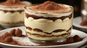 A close-up shot of a freshly prepared tiramisu, focusing on the layers of coffee-soaked ladyfingers AI Generative photo