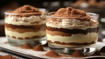 A close-up shot of a freshly prepared tiramisu, focusing on the layers of coffee-soaked ladyfingers AI Generative photo