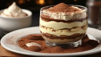 A close-up shot of a freshly prepared tiramisu, focusing on the layers of coffee-soaked ladyfingers AI Generative photo