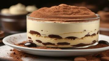A close-up shot of a freshly prepared tiramisu, focusing on the layers of coffee-soaked ladyfingers AI Generative photo