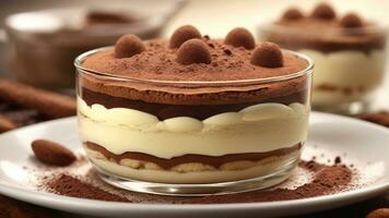 A close-up shot of a freshly prepared tiramisu, focusing on the layers of coffee-soaked ladyfingers AI Generative photo