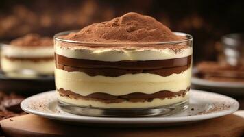 A close-up shot of a freshly prepared tiramisu, focusing on the layers of coffee-soaked ladyfingers AI Generative photo