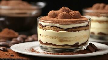 A close-up shot of a freshly prepared tiramisu, focusing on the layers of coffee-soaked ladyfingers AI Generative photo