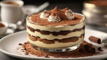 A close-up shot of a freshly prepared tiramisu, focusing on the layers of coffee-soaked ladyfingers AI Generative photo