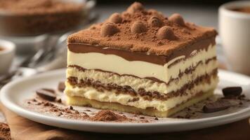 A close-up shot of a freshly prepared tiramisu, focusing on the layers of coffee-soaked ladyfingers AI Generative photo