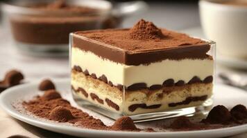 A close-up shot of a freshly prepared tiramisu, focusing on the layers of coffee-soaked ladyfingers AI Generative photo