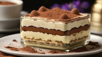 A close-up shot of a freshly prepared tiramisu, focusing on the layers of coffee-soaked ladyfingers AI Generative photo