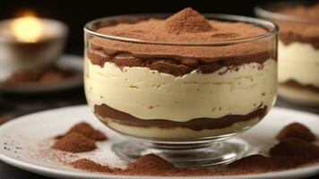 A close-up shot of a freshly prepared tiramisu, focusing on the layers of coffee-soaked ladyfingers AI Generative photo