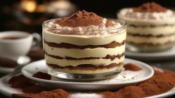 A close-up shot of a freshly prepared tiramisu, focusing on the layers of coffee-soaked ladyfingers AI Generative photo