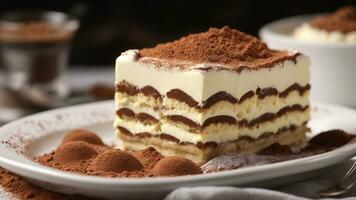 A close-up shot of a freshly prepared tiramisu, focusing on the layers of coffee-soaked ladyfingers AI Generative photo