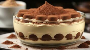 A close-up shot of a freshly prepared tiramisu, focusing on the layers of coffee-soaked ladyfingers AI Generative photo