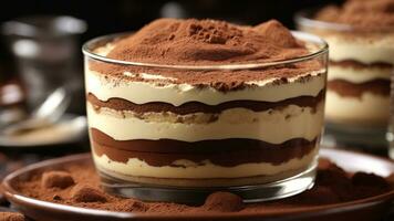 A close-up shot of a freshly prepared tiramisu, focusing on the layers of coffee-soaked ladyfingers AI Generative photo