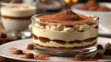 A close-up shot of a freshly prepared tiramisu, focusing on the layers of coffee-soaked ladyfingers AI Generative photo