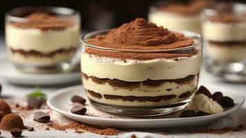 A close-up shot of a freshly prepared tiramisu, focusing on the layers of coffee-soaked ladyfingers AI Generative photo