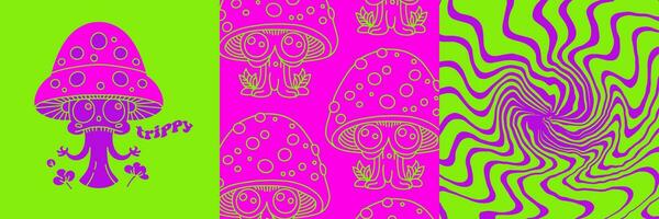 retro psicodélico hippie carteles con trippy hongos y fluido ácido antecedentes. 70s resumen cubre con loco hongo. brillante extraterrestre caracteres. vector diseño.