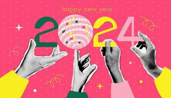 Trendy 2024 New Year banner design in mixed media collage style. Halftone Hands holding numbers and mirror ball. Winter Holiday celebration concept. Vector illustration for poster or greeting card