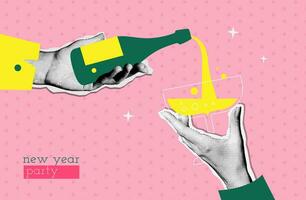 Vintage New year party poster template. Hands holding champagne glass and bottle. Pouring champagne from a bottle into a glass. Halftone Collage style. Vector illustration for banner or greeting card