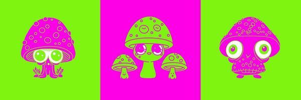 Psychedelic neon mushrooms set with open eyes. Fantasy magic plant isolated on colorful background. Duotone simple flat vector illustration.