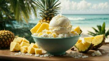 A tropical paradise with a scoop of coconut ice cream background image AI Generative photo