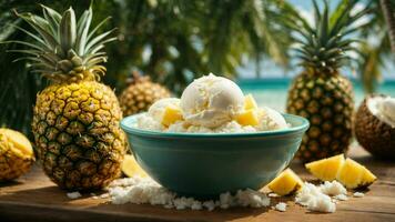 un tropical paraíso con un cucharón de Coco hielo crema antecedentes imagen ai generativo foto