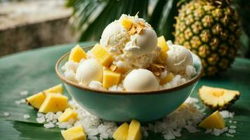 A tropical paradise with a scoop of coconut ice cream background image AI Generative photo
