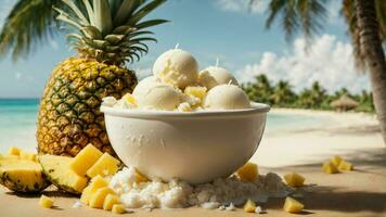 A tropical paradise with a scoop of coconut ice cream background image AI Generative photo