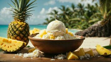 A tropical paradise with a scoop of coconut ice cream background image AI Generative photo