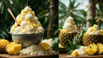 un tropical paraíso con un cucharón de Coco hielo crema antecedentes imagen ai generativo foto