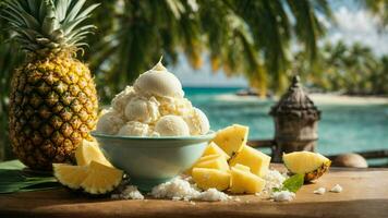 A tropical paradise with a scoop of coconut ice cream background image AI Generative photo