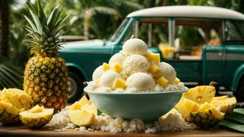 un tropical paraíso con un cucharón de Coco hielo crema antecedentes imagen ai generativo foto