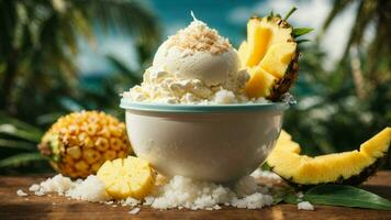 A tropical paradise with a scoop of coconut ice cream background image AI Generative photo