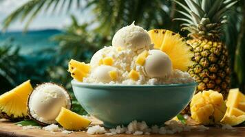 A tropical paradise with a scoop of coconut ice cream background image AI Generative photo