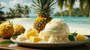 A tropical paradise with a scoop of coconut ice cream background image AI Generative photo