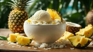 A tropical paradise with a scoop of coconut ice cream background image AI Generative photo