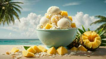 A tropical paradise with a scoop of coconut ice cream background image AI Generative photo