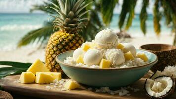 A tropical paradise with a scoop of coconut ice cream background image AI Generative photo