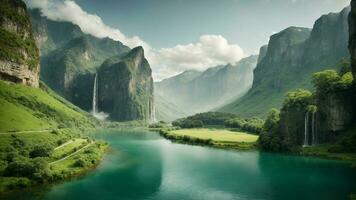 A serene, tranquil lake nestled in a verdant valley, surrounded by towering cliffs and cascading waterfalls, Nature Background AI Generative photo
