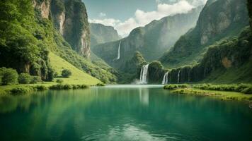 A serene, tranquil lake nestled in a verdant valley, surrounded by towering cliffs and cascading waterfalls, Nature Background AI Generative photo