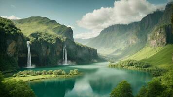 A serene, tranquil lake nestled in a verdant valley, surrounded by towering cliffs and cascading waterfalls, Nature Background AI Generative photo