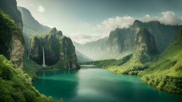 A serene, tranquil lake nestled in a verdant valley, surrounded by towering cliffs and cascading waterfalls, Nature Background AI Generative photo