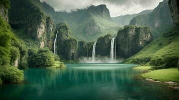 A serene, tranquil lake nestled in a verdant valley, surrounded by towering cliffs and cascading waterfalls, Nature Background AI Generative photo