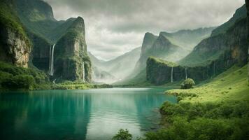 A serene, tranquil lake nestled in a verdant valley, surrounded by towering cliffs and cascading waterfalls, Nature Background AI Generative photo