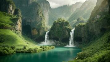A serene, tranquil lake nestled in a verdant valley, surrounded by towering cliffs and cascading waterfalls, Nature Background AI Generative photo