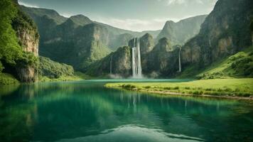 A serene, tranquil lake nestled in a verdant valley, surrounded by towering cliffs and cascading waterfalls, Nature Background AI Generative photo