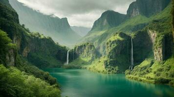 A serene, tranquil lake nestled in a verdant valley, surrounded by towering cliffs and cascading waterfalls, Nature Background AI Generative photo