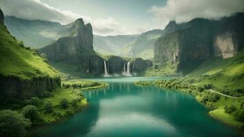 A serene, tranquil lake nestled in a verdant valley, surrounded by towering cliffs and cascading waterfalls, Nature Background AI Generative photo