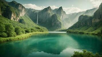 A serene, tranquil lake nestled in a verdant valley, surrounded by towering cliffs and cascading waterfalls, Nature Background AI Generative photo