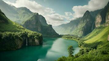 A serene, tranquil lake nestled in a verdant valley, surrounded by towering cliffs and cascading waterfalls, Nature Background AI Generative photo